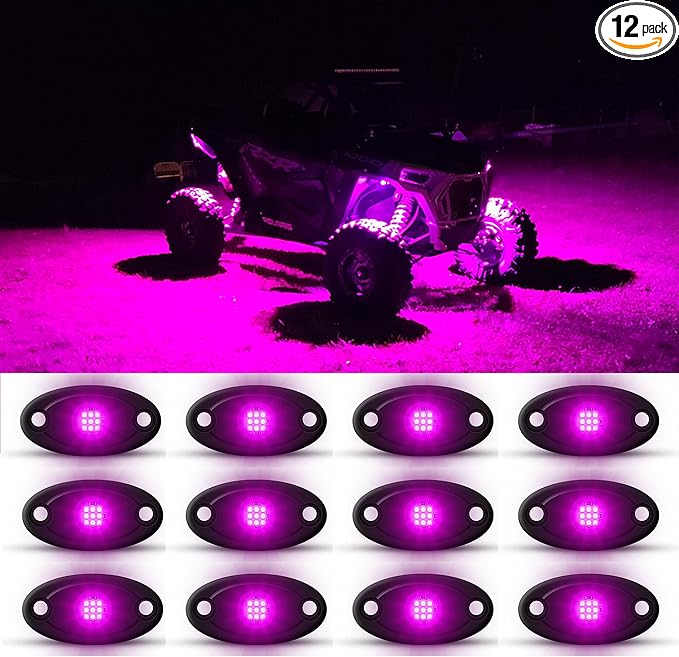 Rock Lights Pink with Light Purple 12 Pods Pure Pink LED Rock Lights IP68 Waterproof 47inch Extension Wires for Trucks UTV ATV SUV Boat Pickup Car Fender Exterior Lighting Kit