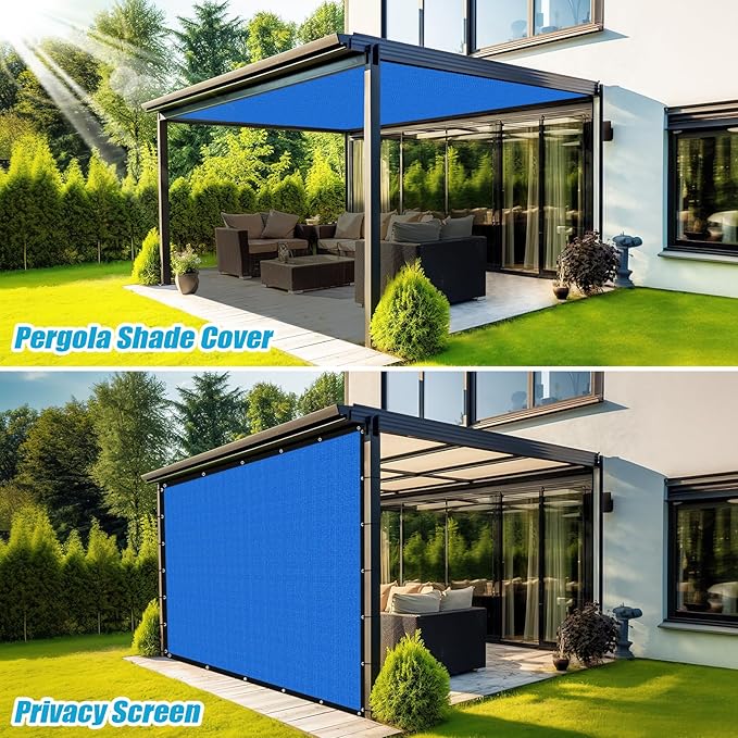 Amagenix 90% Pergola Shade Cover 6' X 12' Sun Shade Cloth with Grommets for Outdoor Garden Patio Porch, Commercial Grade 200 GSM - Cable Zip Ties Included (We Customized) GN108, Blue