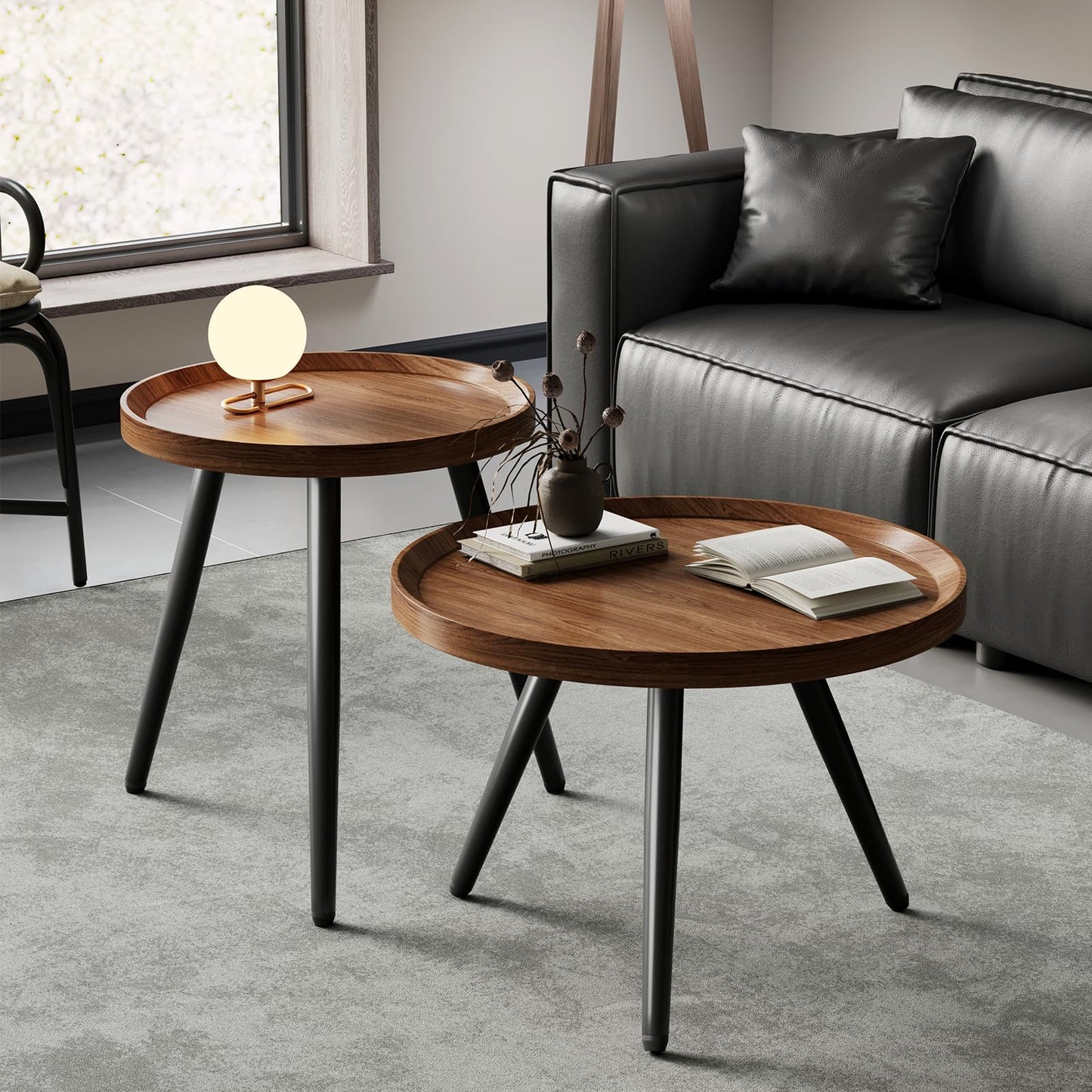 2 PCS Small Round Coffee Table, Walnut Nesting Tables for Small Spaces, Mid Century Modern Centre Table, Easy Assembly Circle Coffee Tables for Living Room, Minimalist Nesting Coffee Table Set of 2