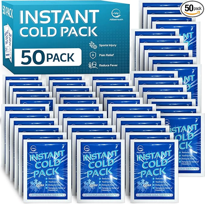 50 Pack Instant Ice Cold Pack (6” x 4.5”) - Disposable Instant Ice Packs for Injuries | Cold Compress Ice Pack for Pain Relief