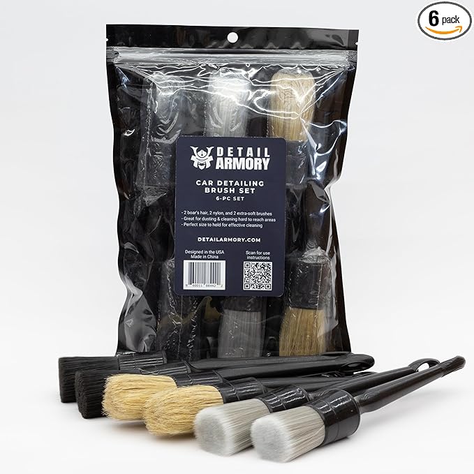 Car Detailing Brush Set, (2) Boar's Hair, (2) Extra-Soft, (2) Nylon Brushes, for Interiors and Exteriors, Cleans Air Vents, Leather Seats, Trim, Wheels, Emblems, Engine Bay, 6-Piece Set