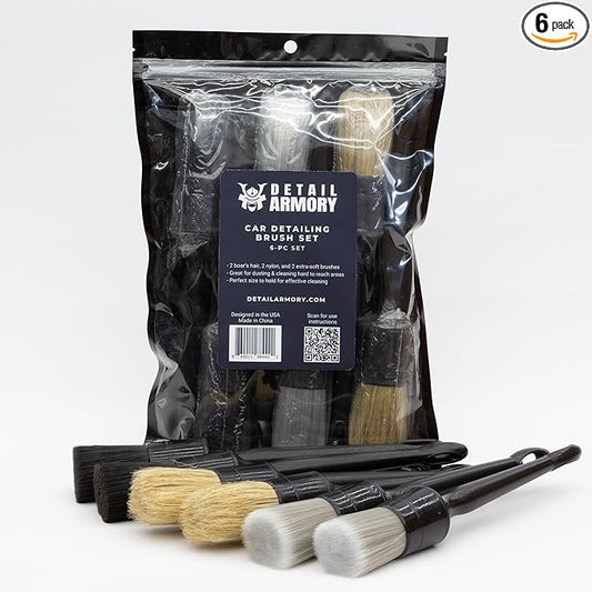 Car Detailing Brush Set, (2) Boar's Hair, (2) Extra-Soft, (2) Nylon Brushes, for Interiors and Exteriors, Cleans Air Vents, Leather Seats, Trim, Wheels, Emblems, Engine Bay, 6-Piece Set