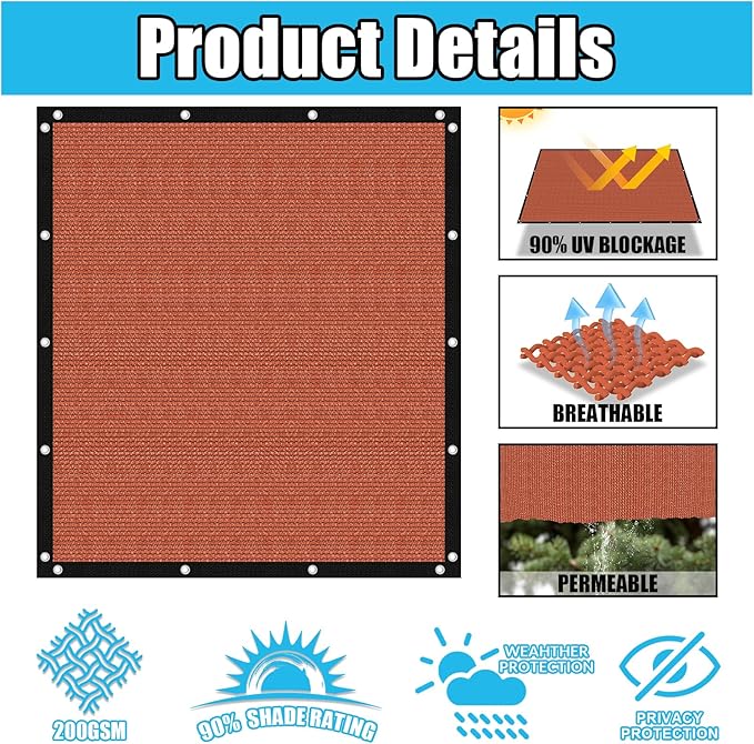 Amagenix 90% Pergola Shade Cover 16' X 16' Sun Shade Cloth with Grommets for Outdoor Garden Patio Porch, Commercial Grade 200 GSM - Cable Zip Ties Included (We Customized) GN108, Rust Red