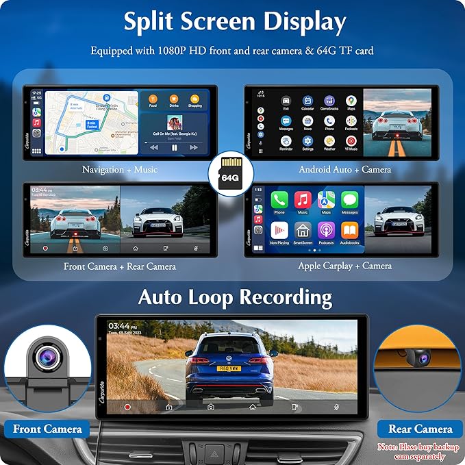 Carpuride 4K W903 Portable Wireless Carplay & Android Auto with Dash Cam - 9.3" HD IPS Screen, 4K Front Camera, Loop Recording, Bluetooth, Mirror Link, GPS, Siri, Dashboard Mounted