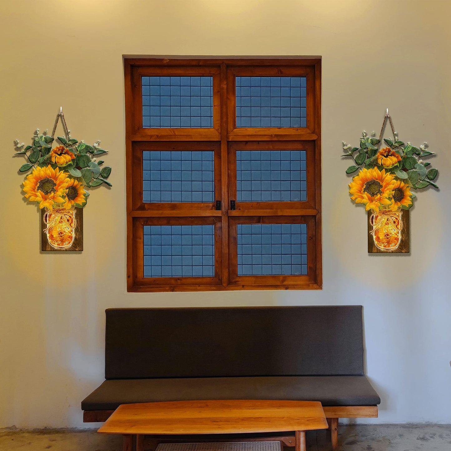 2 Pack Mason Jar Wall Sconces Remote Control with 20 LED Fairy String Lights, Sunflowers and Wooden Board, Decorative Jars for Wall Decor, Door Decor (Brown)
