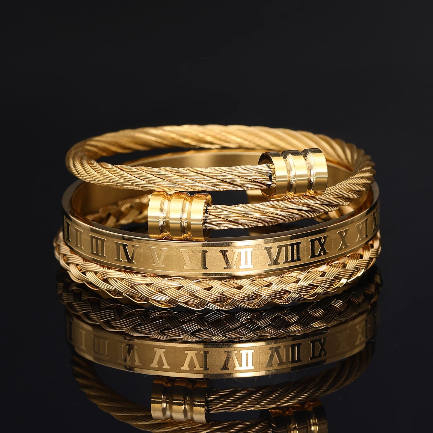 WFYOU 3PCS Stainless Steel Bracelets for Men Gold Roman Numeral Bangle Twisted Cable Adjustable Cuff Bracelet Mens Luxury Jewelry Gifts