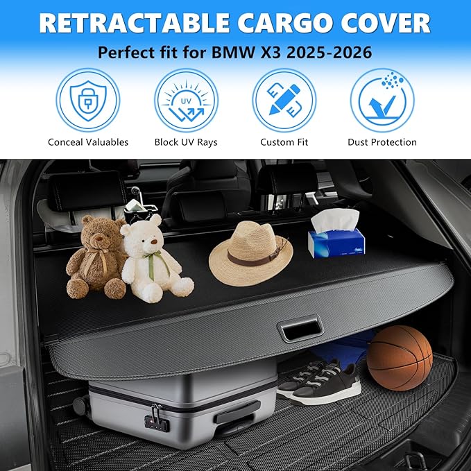 MIALUTY® Cargo Cover for 2025 2026 BMW X3 Retractable Trunk Cover X3 Accessories Anti-Peeping Anti-Theft Privacy Screen,Trunk Luggage Shield Shade Carbon Fiber Texture