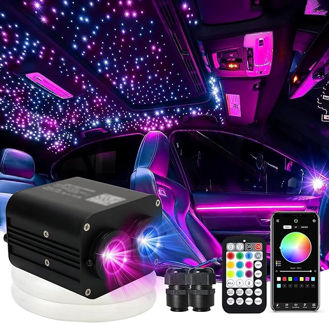 AMKI Dual Color 20W Twinkle Starlight Headliner Kit Mixed 860pcs*9.8ft Cables Fiber Optic Light Cable Sound Activated Music Mode APP/Remote Control Dual Port Light Box for Car Home Roof Decor