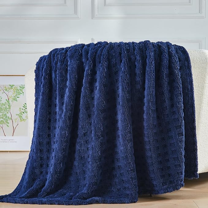 NEWCOSPLAY Super Soft Throw Blanket Navy Premium Silky Flannel Fleece 3D Waffle Checkered Lightweight Bed Blanket All Season Use (Dark Navy, Throw(50"x70"))