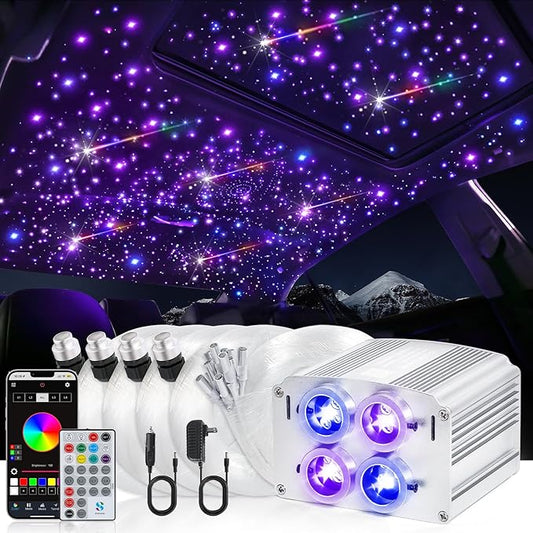 Car Starlight Headliner Kit, 4 Colors 32W Twinkle & Meteor Star Ceiling Lights, 2 in 1 Fiber Optic Light 4 Port Engine 1200pcs*0.03in*13.1ft+240 RGBW Shooting Stars Lights for Car Home Roof Décor