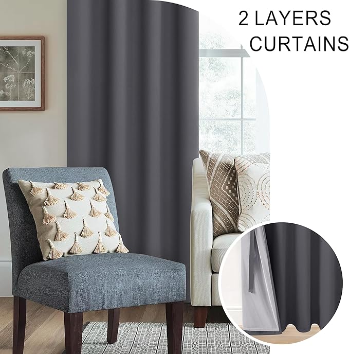 XWZO Extra Wide Full Blackout Curtain - Thermal Insulated Black Liner Curtains, Noise Reducing and Heat Blocking Drapes for Hall and Studio Windows with Tiebacks, Dark Grey, W60 x L63, Set of 2