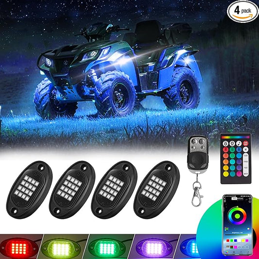 4 Pods RGB LED Rock Lights for ATV UTV Golf Cart Truck RZR Offroad SUV, Waterproof Multicolor Underglow Kit for Cars with APP Music Mode, Vehicle Accent Underbody Light Underneath 12V