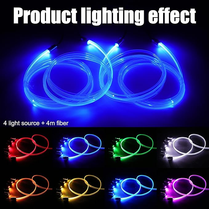 Car Interior Strip Lights, 4 in 1 Multicolor RGB Car Ambient Lighting Kit, 4m Fiber Optic EL Neon Tube Light, DIY Mode Music Sync RF Remote Control + APP Control DC 12V