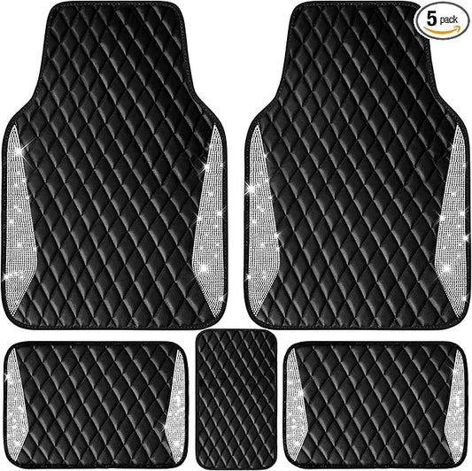 CAR PASS Bling Leather Car Mats Shining Diamond Floor Mats Crystal Rhinestone Sparkly Glitter Carpet Anti-Slip Waterproof Pad Universal Fit Automotive SUV, Sedan, Van, 5pcs Girl Women, Black Silver