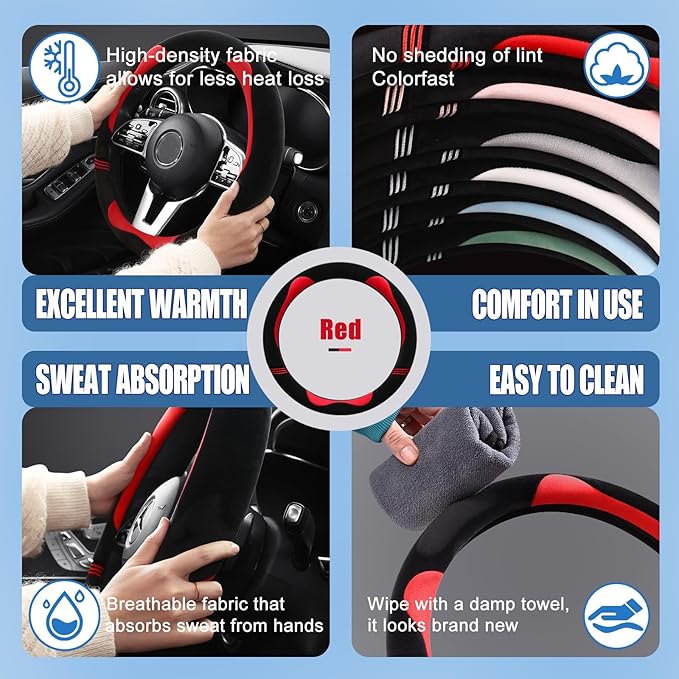 14 inch Furry Cute Steering Wheel Cover, Soft Fluffy Short Plush Auto Accessories, Non-Slip Cold-Proof Sweat-Proof Colorfast(Black with Red)