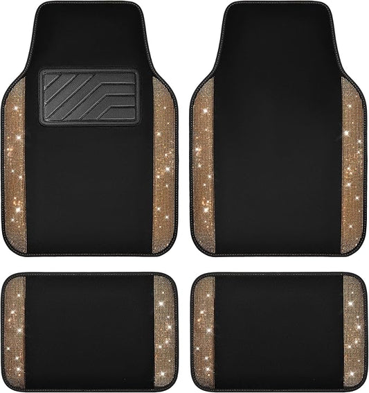 CAR PASS Bling Diamond Car Floor Mats, Shining Rhinestone Carpet Sparkly Glitter Crystal with Anti-Slip PVC Heel Pad Waterproof Universal Fit Automotive SUV,Sedan,Van,Cute Girl Women,4pcs Golden