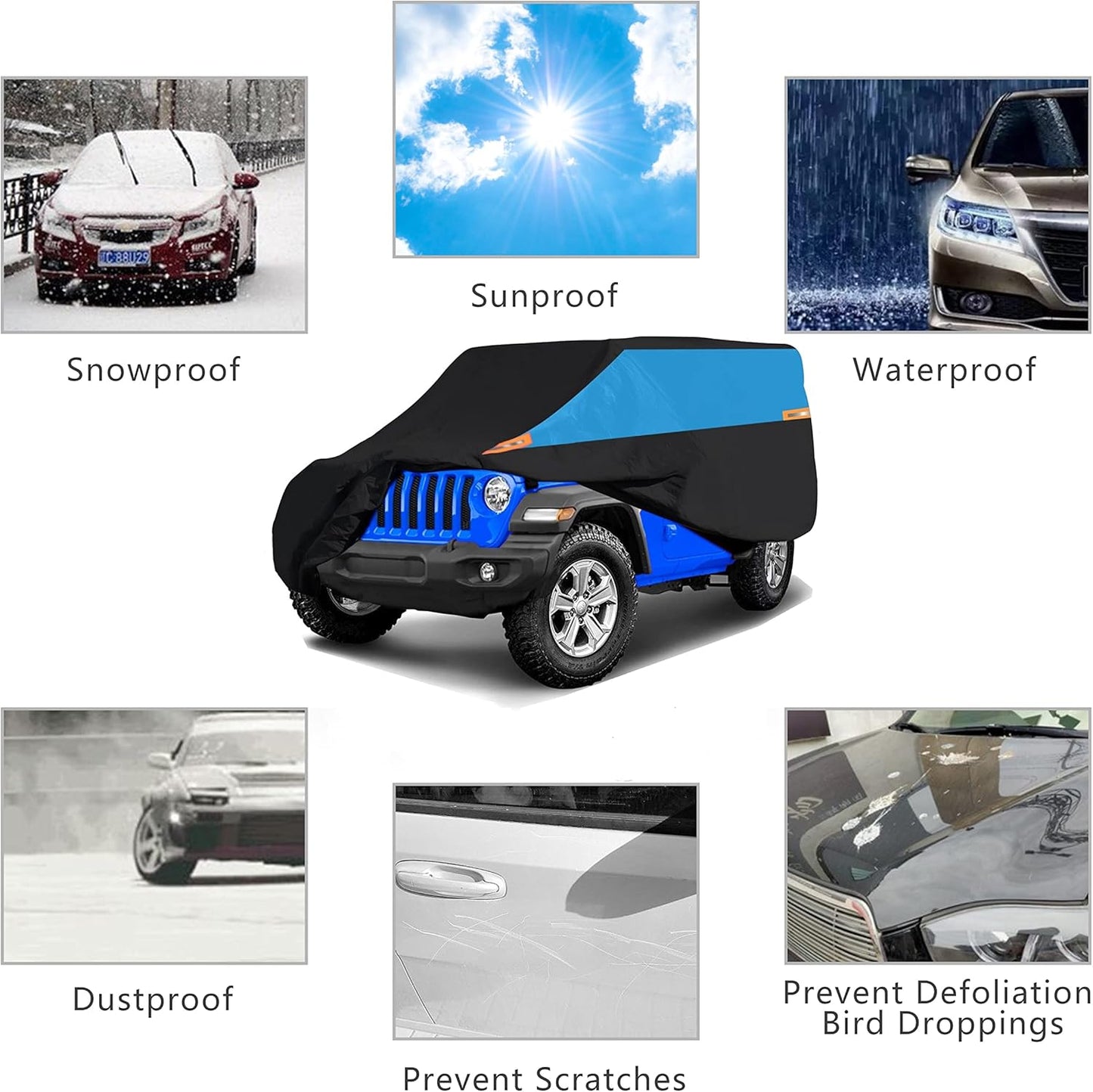MORNYRAY Compatible with Jeep Wrangler 2 Door, Waterproof Car Cover All Weather Snowproof UV Protection Windproof Outdoor Full car Cover, Universal Fit for (Wrangler 2Door, Blue)