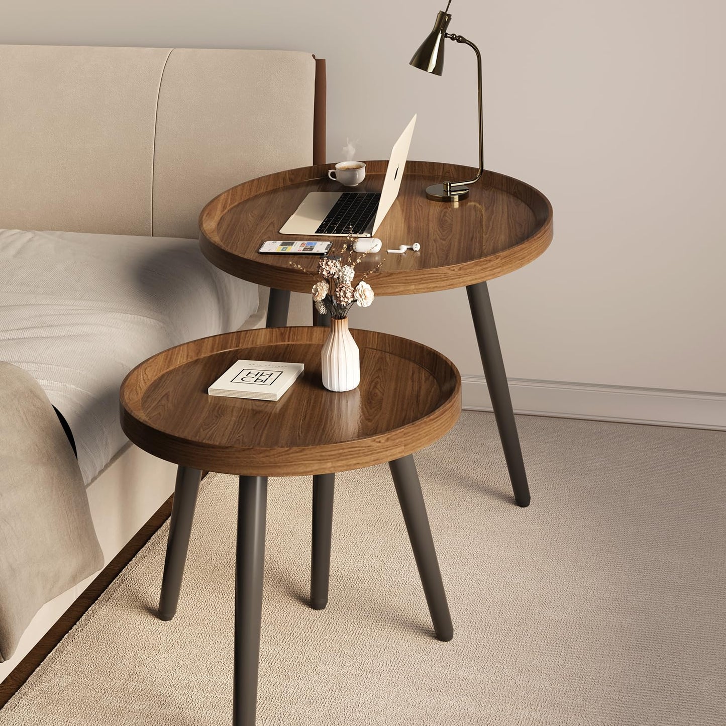 2 PCS Small Round Coffee Table, Walnut Nesting Tables for Small Spaces, Mid Century Modern Centre Table, Easy Assembly Circle Coffee Tables for Living Room, Minimalist Nesting Coffee Table Set of 2
