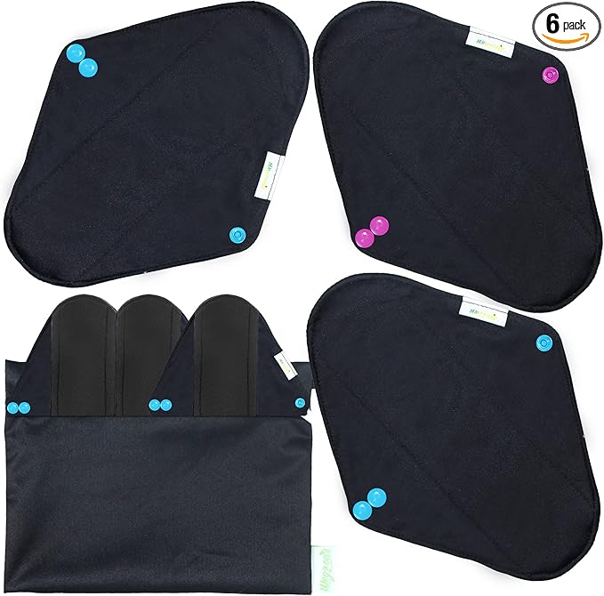 wegreeco Reusable Menstrual Pads - Reusable Sanitary Pads | Reusable Panty Liners | Soft Cloth Menstrual Pads - 6 Pack with 1 Cloth Mini Wet Bag (Large, Black)
