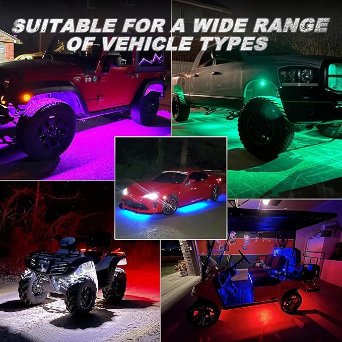 4Pods Aluminum RGB LED Rock Lights for ATV UTV 4 Wheeler Can-Am SXS RZR Side by Side Offroad Golf Cart with APP/RF Remote Control, Waterproof Multicolor Metal Alloy Case Segmented Underglow Light 12V