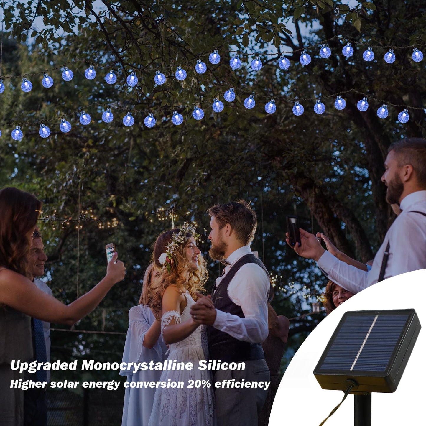 USOKYO Solar Lights Outdoor Waterproof, 2 Pack Total 200LED 110FT Solar String Lights for Outside with 8 Modes, Outdoor String Lights Crystal Globe Patio Lights for Garden Yard Party Decor(Blue)