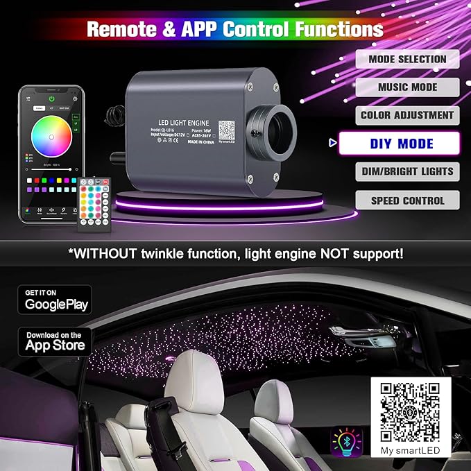 16W Starlight Headliner Kit, Star Lights for Car Roof&Home Decoration, Fiber Cable 500pcs*0.03in*13.1ft RGBW Star Light Headliner with Bluetooth APP/Remote Control/Music Mode