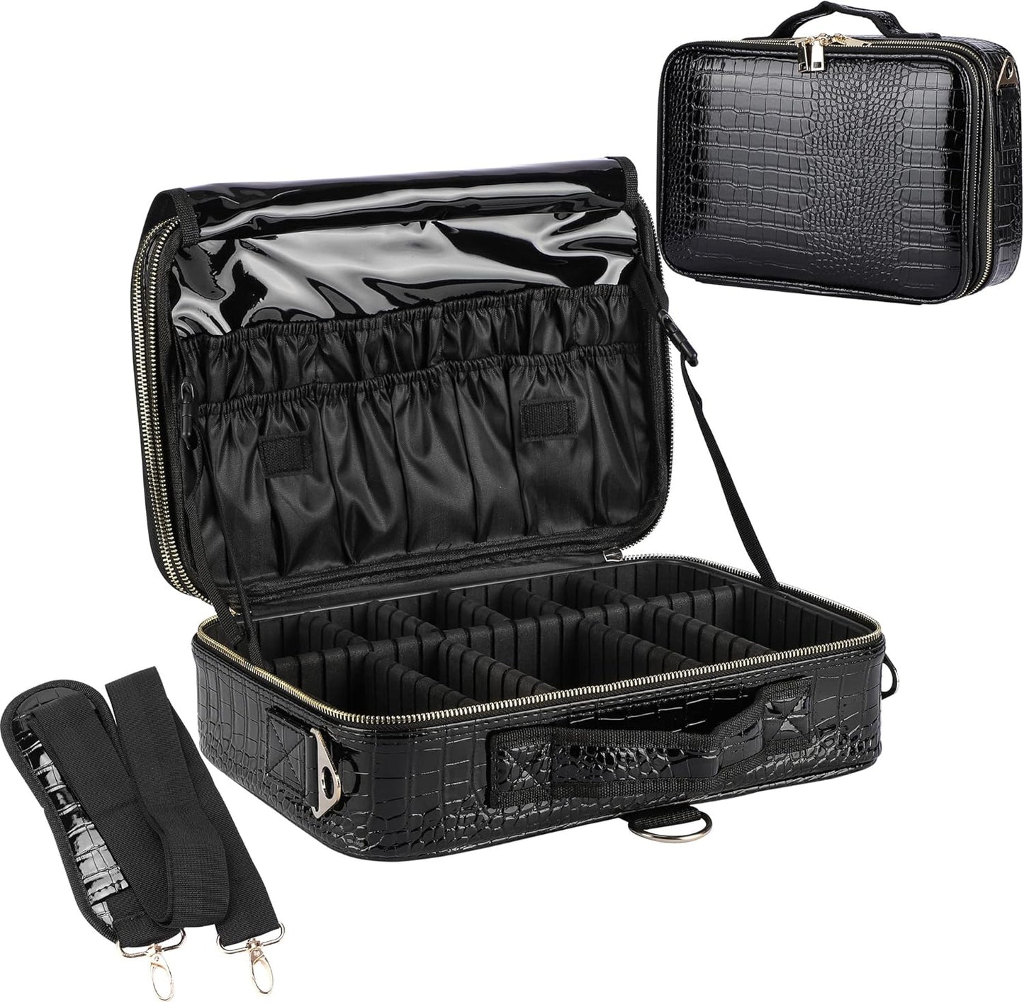 JOURMON Travel Makeup Case 3 Layers Makeup Train Case Crocodile Makeup Bag Organizer Portable Artist Storage Bag with Adjustable Dividers and Shoulder Strap