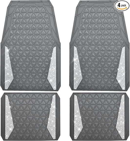 CAR PASS Bling Diamond Car Mats Gray Rubber Floor Mats Full Set Anti-Slip 3D Rhombus Waterproof Trim to Fit Liner Universal Glitter Crystal Sparkly Shining Rhinestone Girl Women SUV Sedan Van All Gray