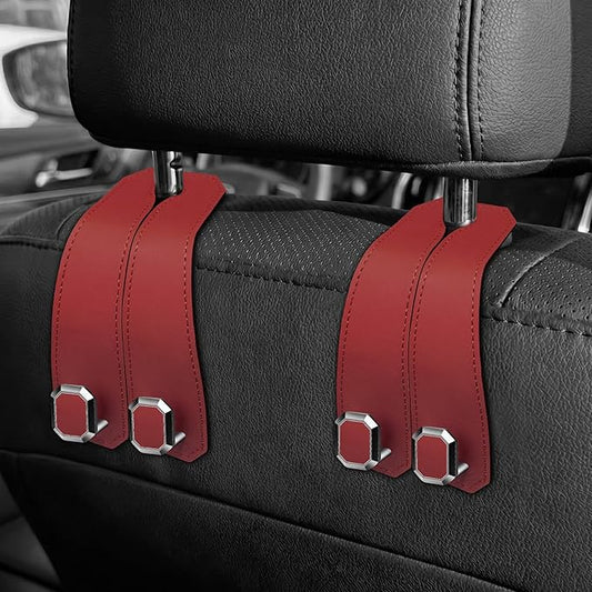 2PCS Car Hooks for Headrest, Faux Leather Purse Hook for Car Seat Back Organizers and Storage, Double Metal Purse Holder Bag Hanger, Universal Car Interior Accessories for Women Man