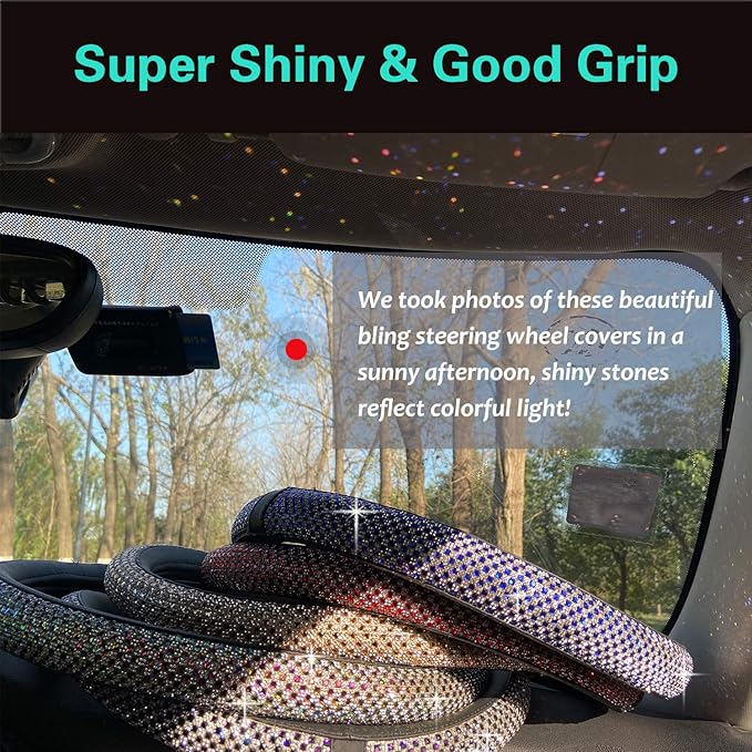PINCTROT Bling Bling Comfy Steering Wheel Cover with Jumbo Crystal Rhinestones, Anti-Slip Diamond Leather, Universal 15 Inch (Blue)