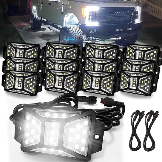 20 Pods Pure White Rock Lights with 2 Pack Connectors Extension Wires,Waterproof Rock Lights Compatible with Trucks Jeep UTV SUV ATV Boat Golf Cart, Mess Free Two-Path Wiring Underglow Kits(Patented)