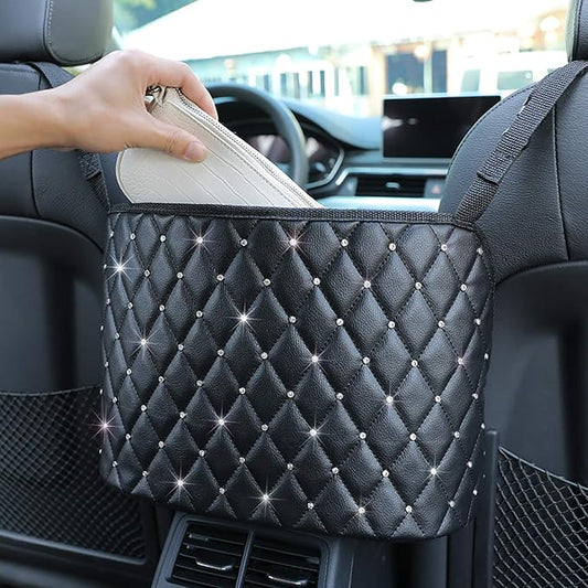 Car Net Pocket Handbag Holder with Diamond Bling Driver Netting Pouch, Handbag Holder Front Seat, Barrier of Backseat Pet Kids Storage & Pocket (Black with Diamond)