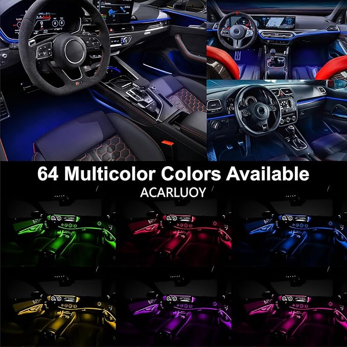 Acrylic Car Interior LED Lights, Wireless App, Ambient Lighting Kit, Fiber Optic LED Light Strips, 24 Million Colors, Music and DIY Functions