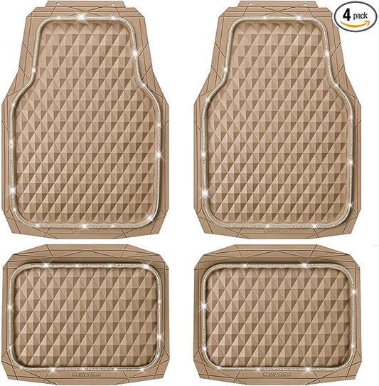 CAR PASS Bling Diamond Rubber Car Mats, Heavy Duty Deep Dish All-Weather Floor Mat Full Set Anti-Slip 3D Rhombus Waterproof Trim Fit Liner Universal Glitter Sparkly Shining Rhinestone, Beige Rubber