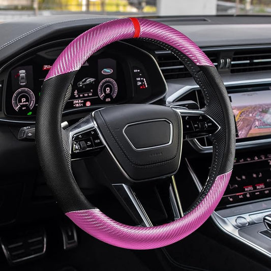 Car Steering Wheel Cover, Steering Wheel Accessories, 15 Inch Microfiber Leather Carbon Fiber Soft Anti-Slip Breathable, Car Accessories Elastic Non-Slip Cover for Most Vehicles (Pink)