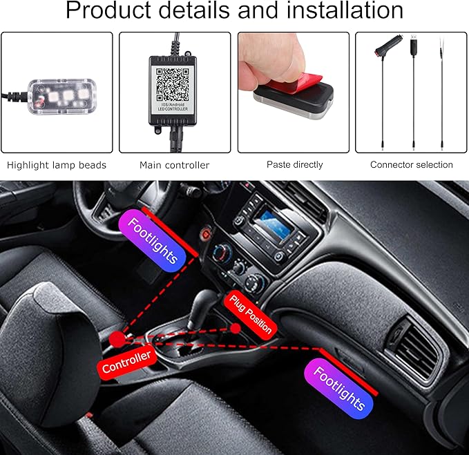 RGB Car Footwell Ambient Lighting Kit 16.7 Millions Colors Sound Active Music Sync APP Control + RF Remote Controller Cigarette Lighter Car Interior Multicolored Footwell Atmosphere Light