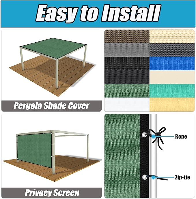 Amagenix 90% Pergola Shade Cover 7' X 12' Sun Shade Cloth with Grommets for Outdoor Garden Patio Porch, Commercial Grade 200 GSM - Cable Zip Ties Included (We Customized) GN108, Green