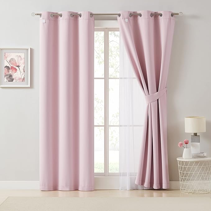Bujasso Pink Blackout Curtains with Sheer Overlay Mix and Match Double Layer 80% Room Darkening Window Treatment Set for Girls Bedroom Living Room Pink Drapes with Tiebacks Grommet Top 54" Wx95 Lx2