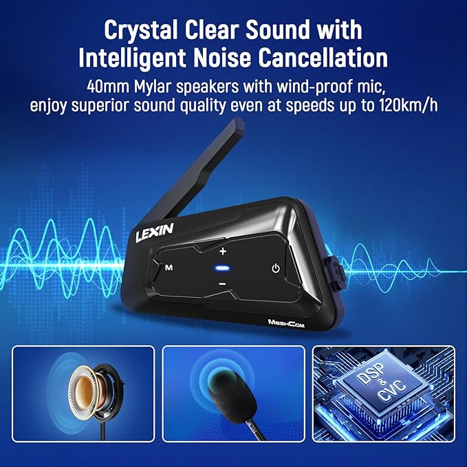 LEXIN MeshCom Motorcycle Bluetooth Headset, 24 Riders Mesh Helmet Communication System with Audio Multitasking/Music Sharing/1100mAh Battery/FM Radio/Noise Reduction/IP67 Waterproof, 1 Pack