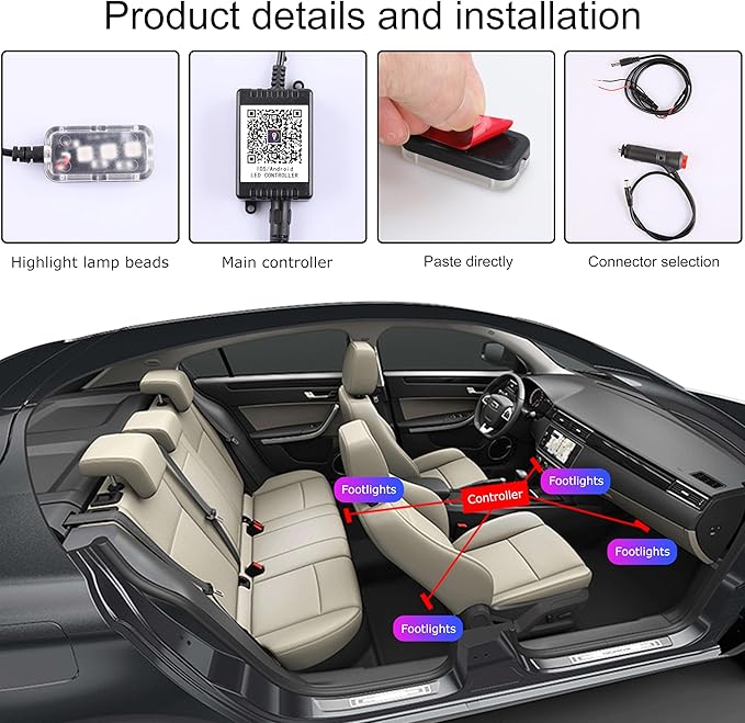 Car Ambient Lighting Kit Bluetooth App Control 64 Colors Multicoloured Music Interior Footwell Lighting Kit 12V