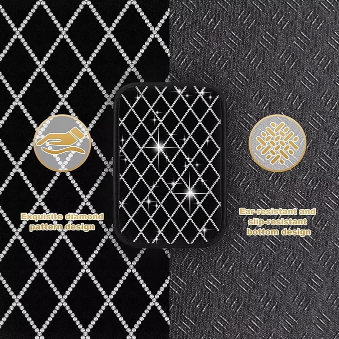 Bling Center Console Cover with 2 Side Pockets Fit for Tacoma Multi-Functional Car Armrest Cushion Diamond-Studded Rhombus Pattern Style(Black&Silver Diamond)