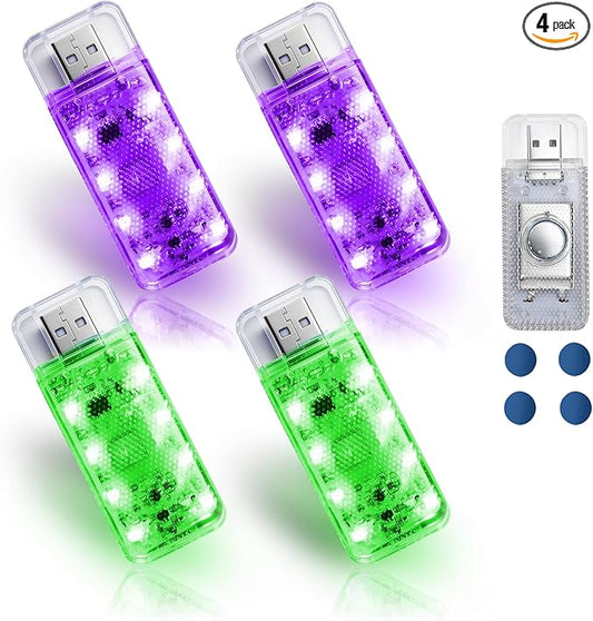 4 PCS Car LED Lights, USB Plug-in Rechargeable 8 High-Brightness LED Beads, Portable Mini Touch Control Dimmable Night Light for Car/Bedroom/Party/Holiday Decoration (2 Green & 2 Purple)