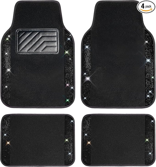 CAR PASS Bling Diamond Car Floor Mats, Sparkling Crystal Shining Glitter Rhinestone Carpet, Anti-Slip PVC Heel Pad Waterproof Universal for Automotive SUV,Sedan,Van,4pcs Girl Women Men Black Diamond