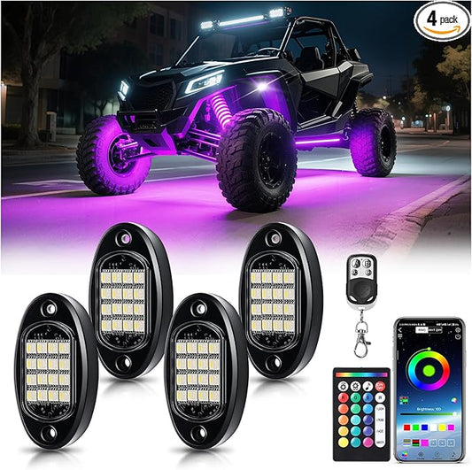 4 Pods RGBW LED Rock Lights, RGB with Pure White Rock Light for ATV UTV Golf Cart RZR SXS Truck Offroad SUV Car Underbody, 12V Waterproof Multicolor Underglow Kit with APP/RF Remote Control Sync Music