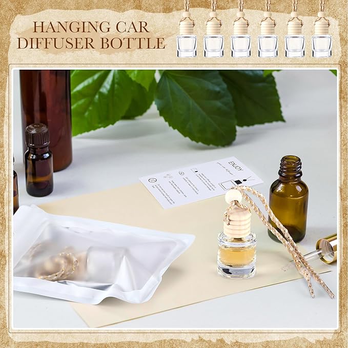 Boao 50 Sets Hanging Car Air Freshener Diffuser Bottles with Instruction Card and 4 x 6'' Resealable Holographic Bag for Empty Car Essential Oil Perfume Bottles Packaging (Cylinder)