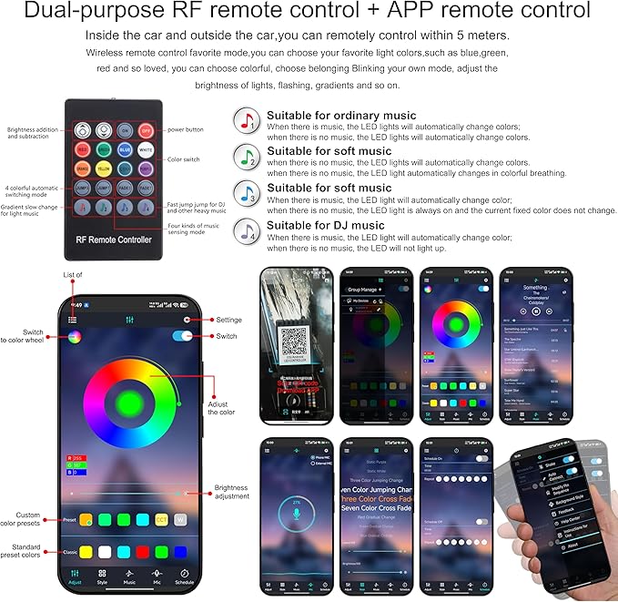 Car Interior Strip Lights, 6 in 1 Multicolor RGB Car Footwell Ambient Lighting Kit, 8m Fiber Optic EL Neon Tube Light, DIY Mode Music Sync RF Remote Control + APP Control DC 12V