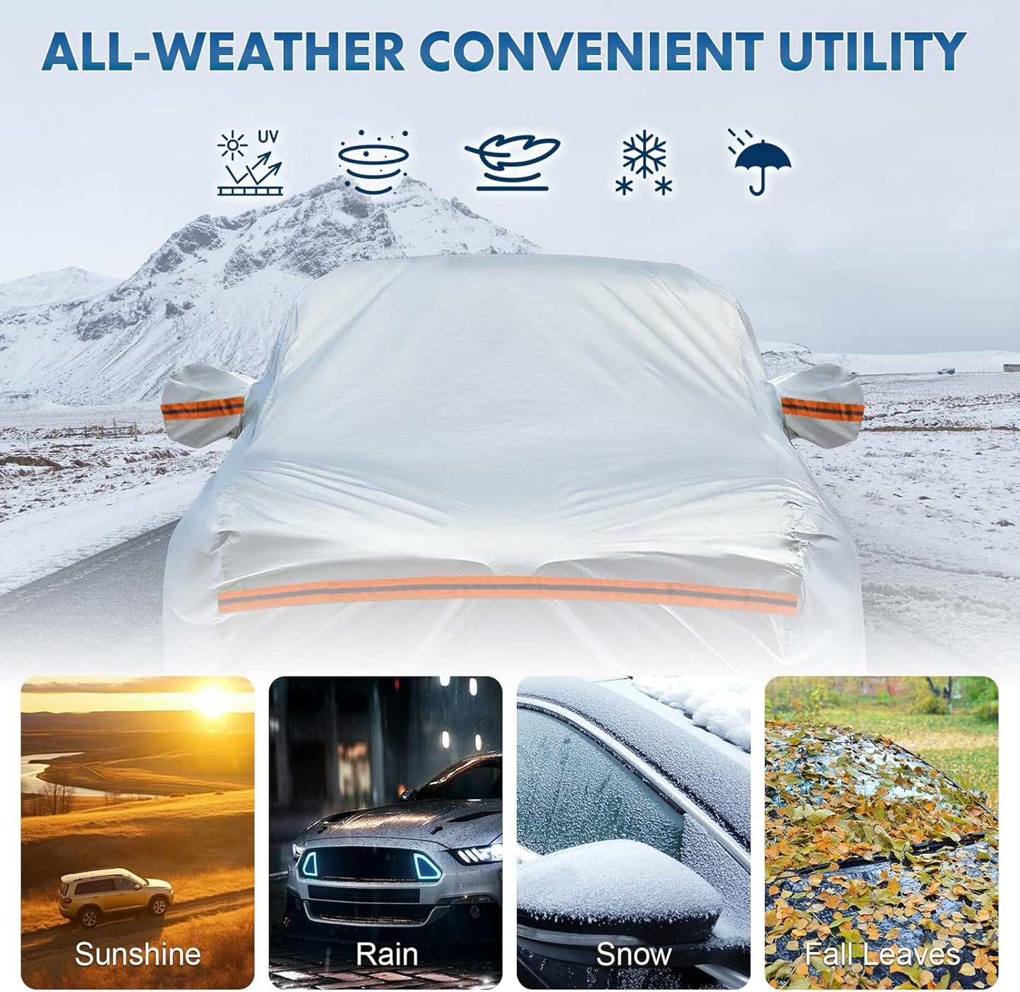 KEYOOG 6-Layer Full Car Cover is All-Weather Waterproof, Fit for 205"-216" Length Sedan, Universal in All Seasons, Snow Prevention, Rainproof, Acid Rainproof, Sunscreen, Orange Reflective Strip