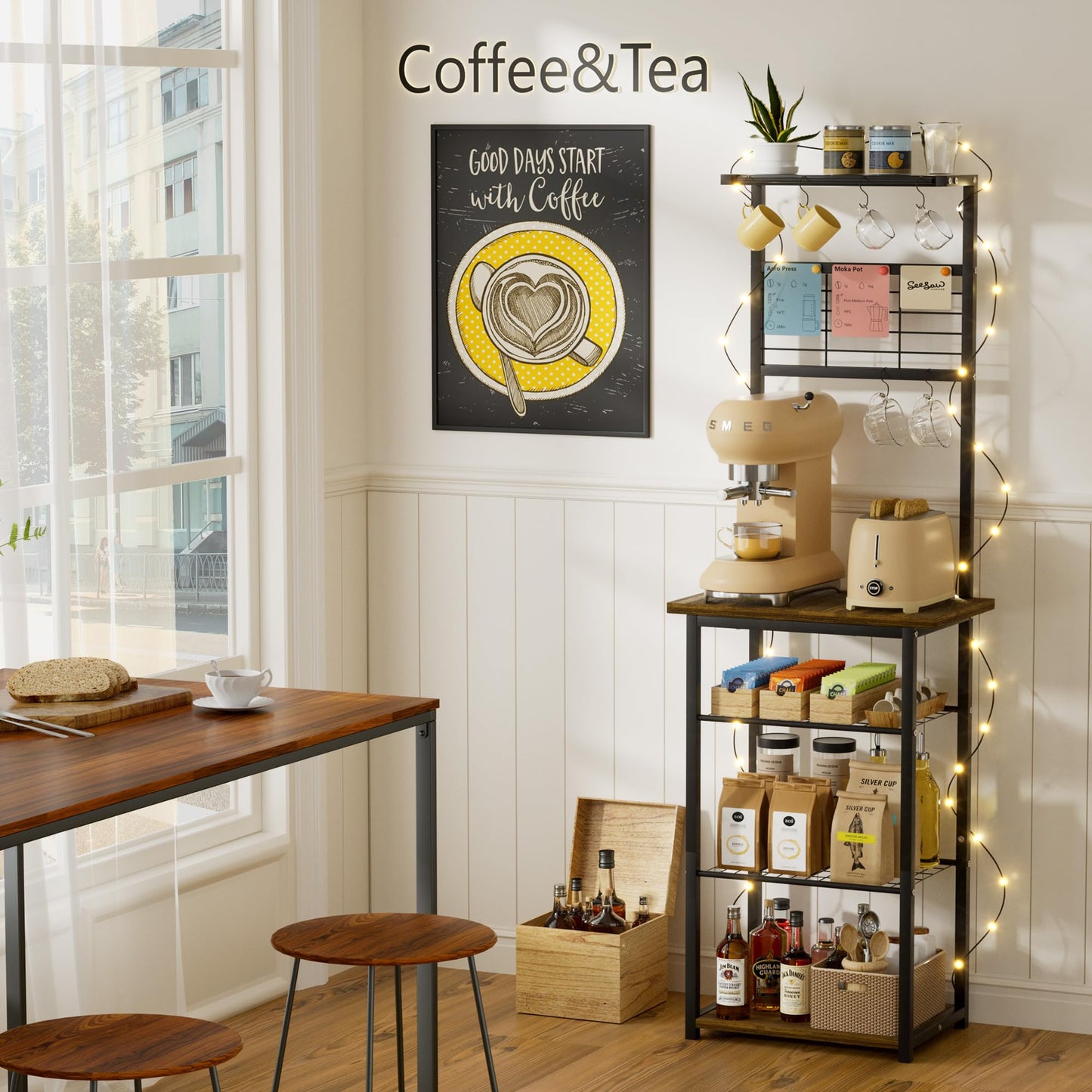BUTUNITA Coffee Bar Station with 5 Tiers - Small Coffe Bar Kitchen Shelf with 4 S-Shaped Hooks - Corner Storage Baker's Rack for Small Spaces, Entryways, and Living Rooms