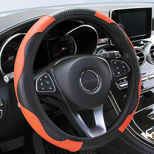 Car Steering Wheel Cover, 15 inch Microfiber Leather Carbon Fiber Soft Anti-Slip Breathable, Universal Size Elastic Car Accessory for Most Cars (Orange)