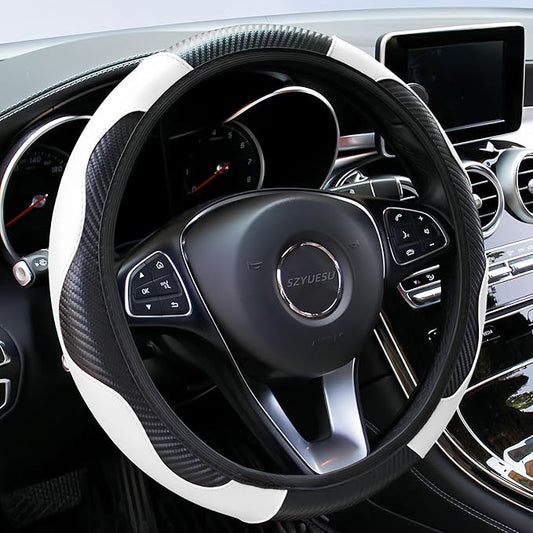 Car Steering Wheel Cover, 15 inch Microfiber Leather Carbon Fiber Soft Anti-Slip Breathable, Universal Size Elastic Car Accessory for Most Cars (White)